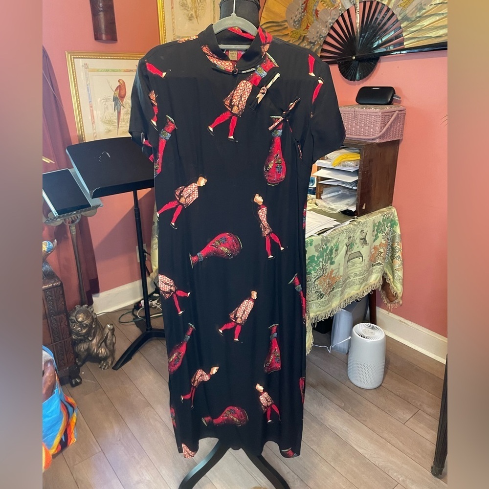 Vintage Y2K harari silk abstract Asian print mandarin collar dress Tag size M. - Picture 4 of 6
